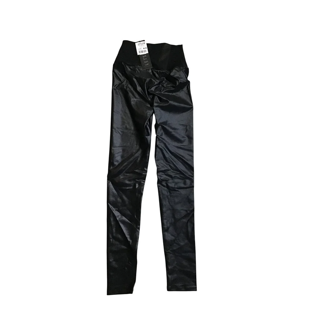 Lets Gym Women's‎ Black Shiny High Waist Fitness Essencial Leggings Size M NWT